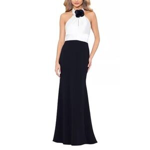 Betsy & Adam Black & White Rose Flower Detail Halter Neck Sleeveless Maxi Gown
